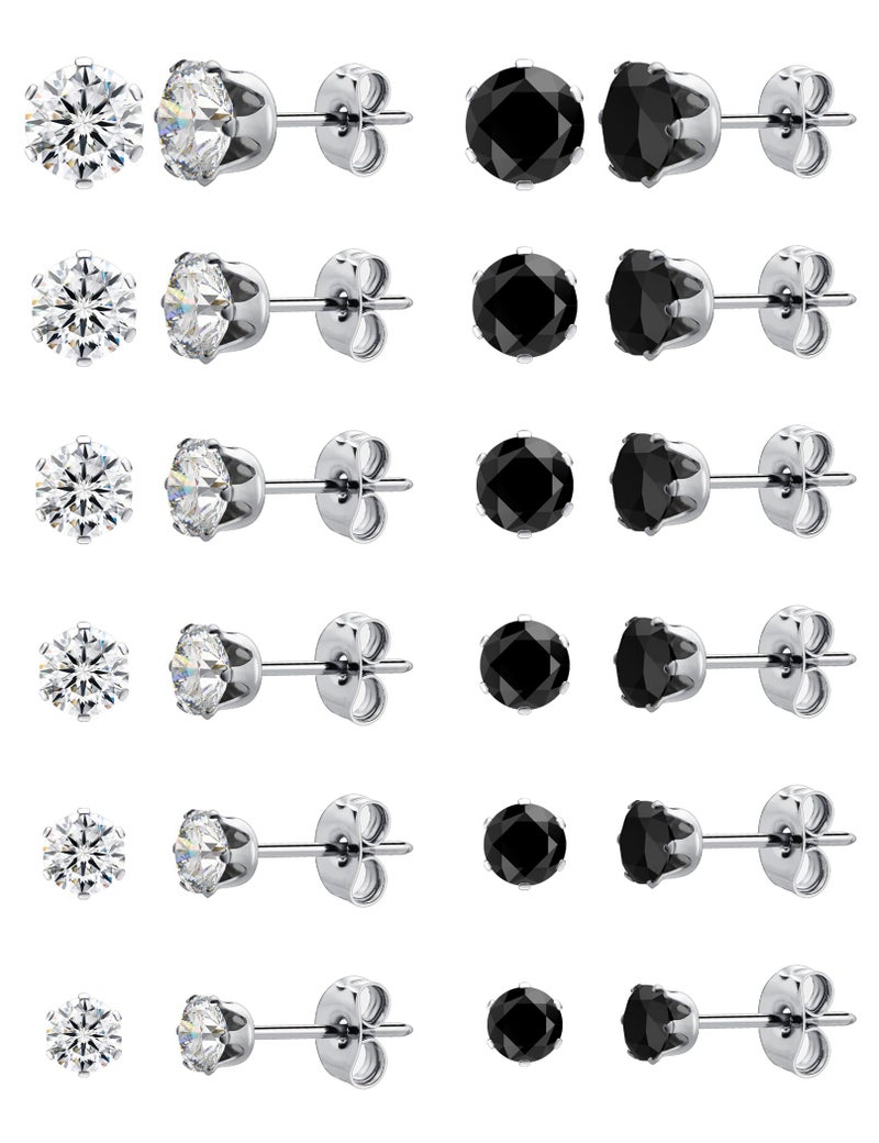 Wssxc 12 Pairs Silver Surgical Steel Earrings, Stud Design, Hypoallergenic, Cubic Zirconia, 3mm-8mm - Image 1